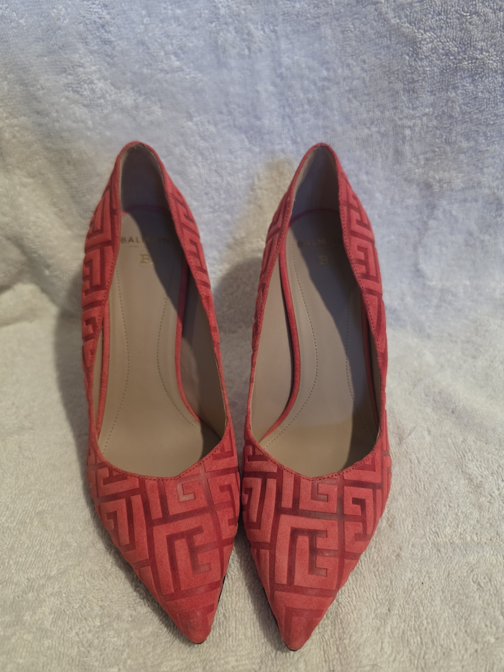 Balmain Coral-Red Suede Embossed Pointed-Toe Pumps